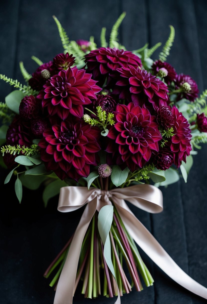 A lush bouquet of deep burgundy dahlias, accented with delicate greenery and tied with a flowing satin ribbon