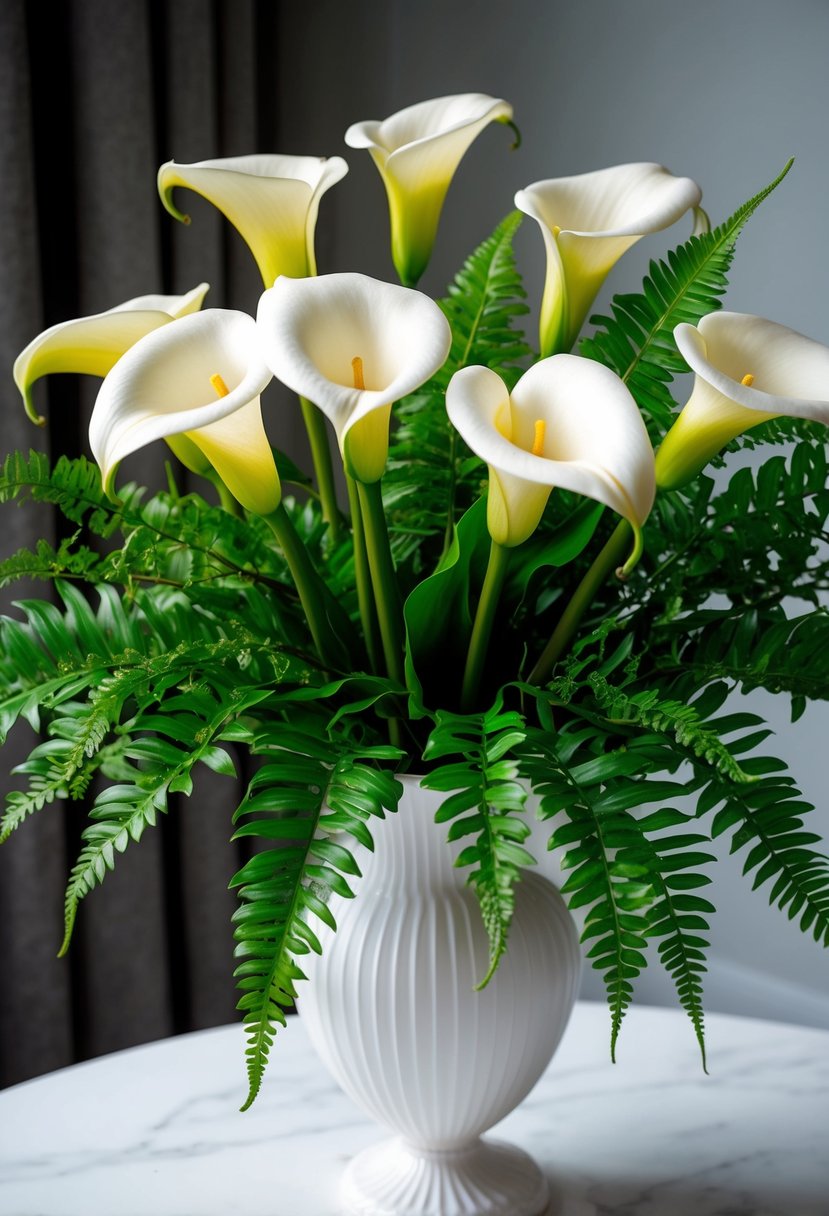 A lush bouquet of white calla lilies and green ferns, elegantly arranged in a delicate white vase