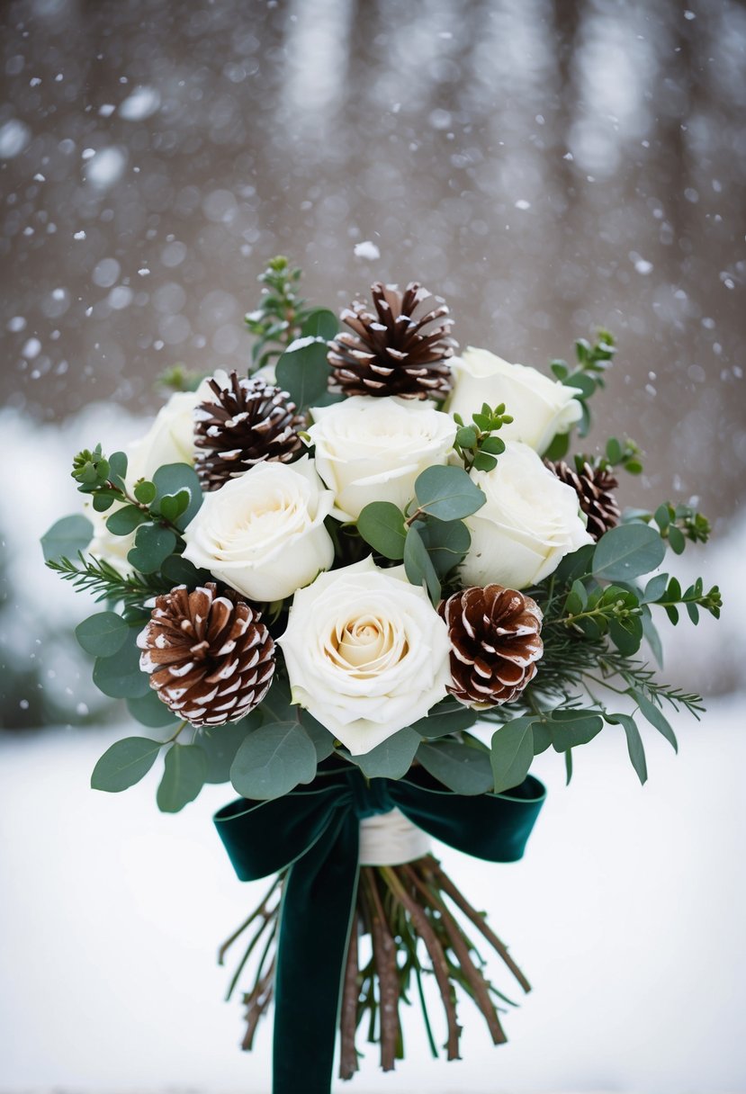 A bouquet of white roses, pinecones, and eucalyptus tied with a velvet ribbon, set against a snowy background