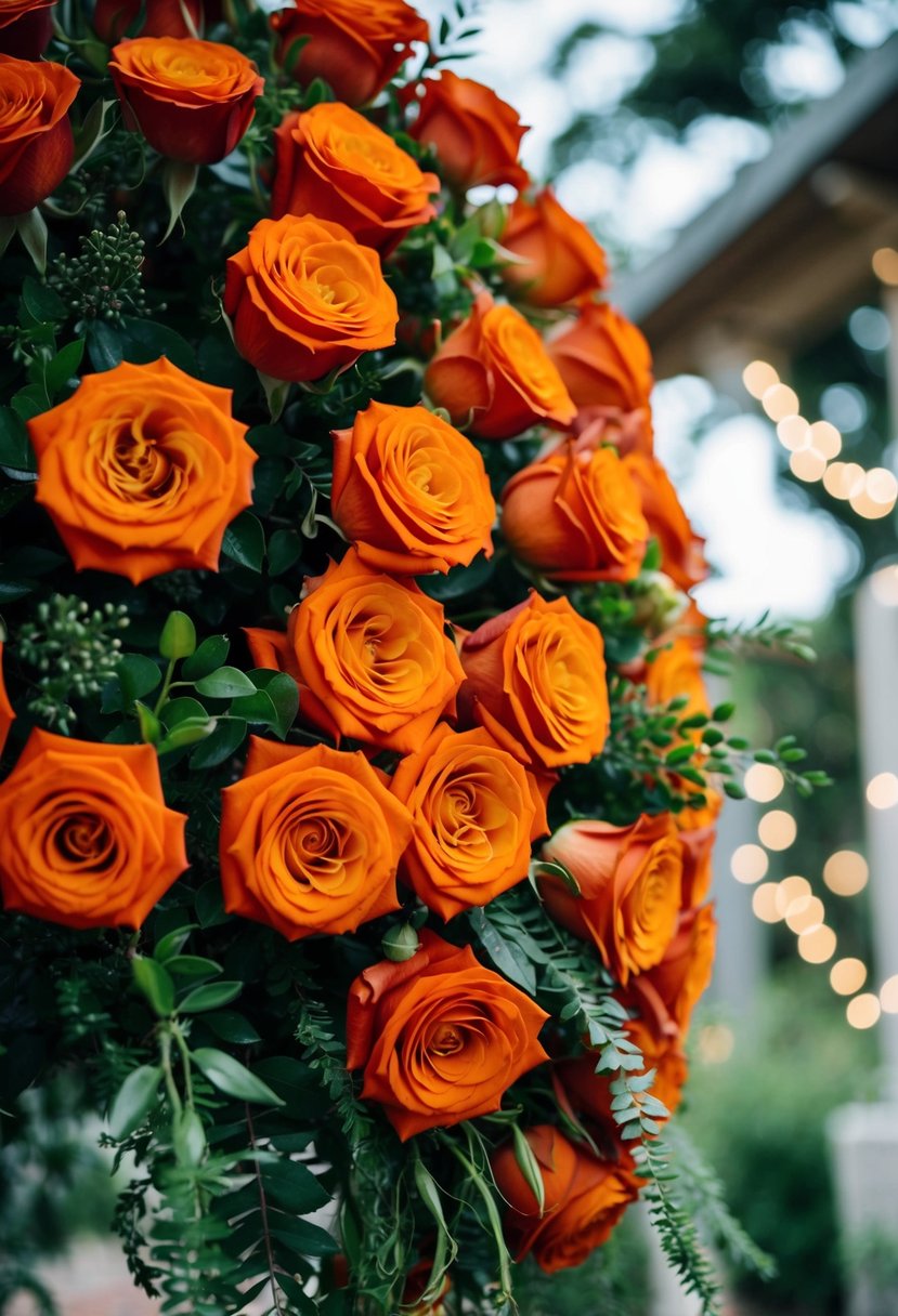 A lush bouquet of burnt orange roses cascading with greenery