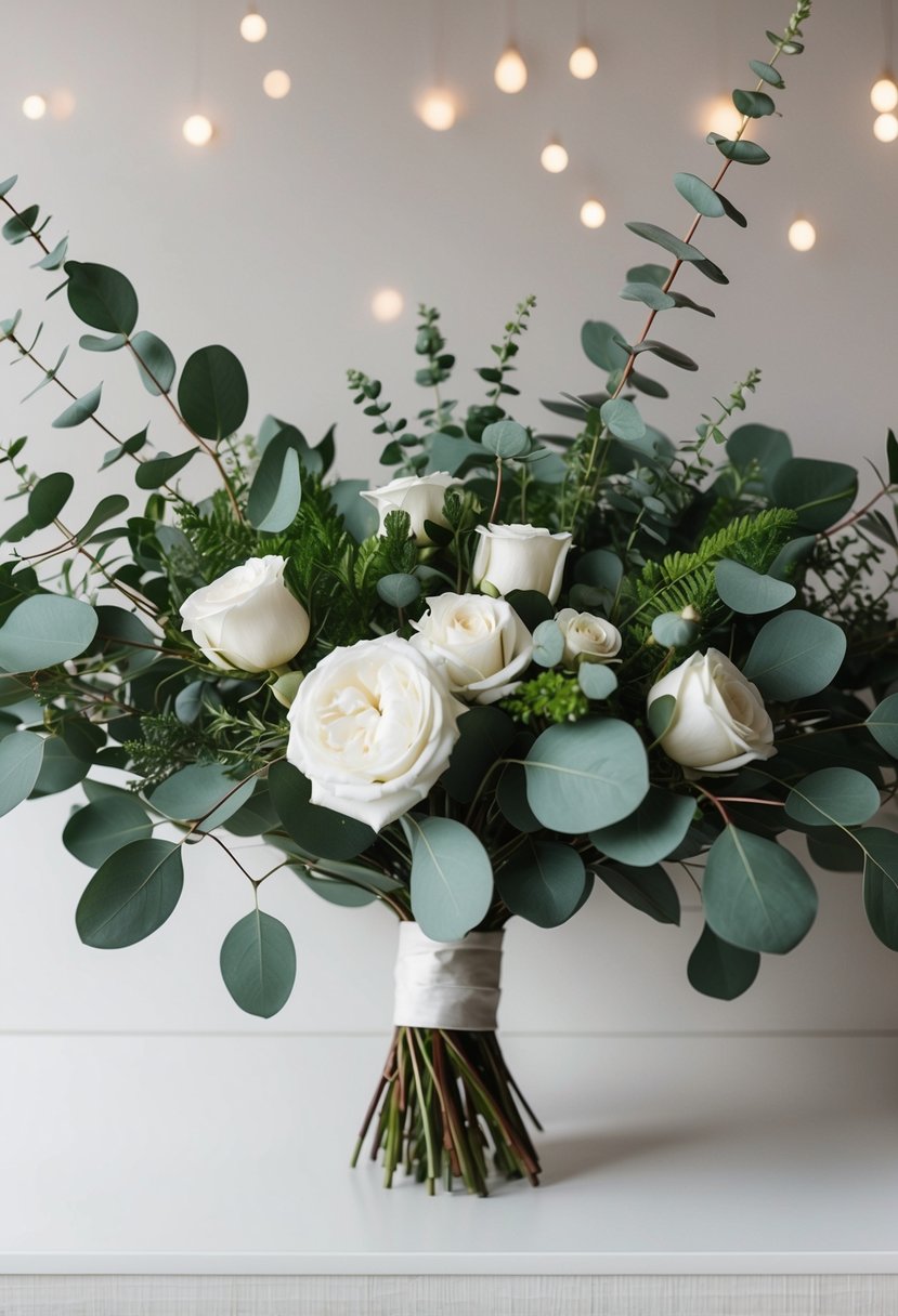 A lush bouquet of eucalyptus leaves, white roses, and greenery arranged in a chic, modern style