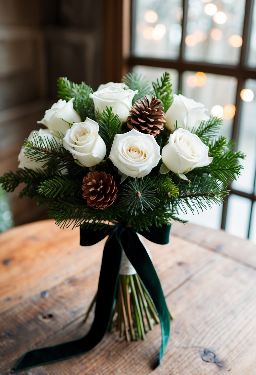 A bouquet of white roses and pine cones, tied with a velvet ribbon, sits on a rustic wooden table