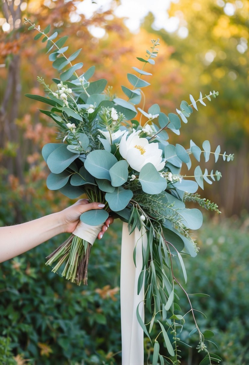 A vibrant eucalyptus bouquet with delicate white flowers and cascading greenery, set against a backdrop of autumn foliage and soft natural light