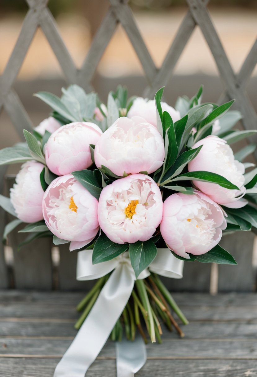 A lush bouquet of soft pink peonies accented with sage green leaves, tied with a white ribbon