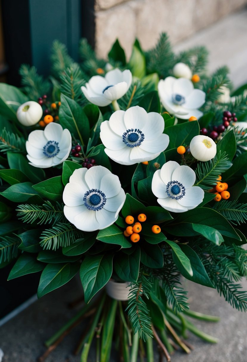 A lush bouquet of anemones in deep green foliage, accented with winter berries and delicate white blooms