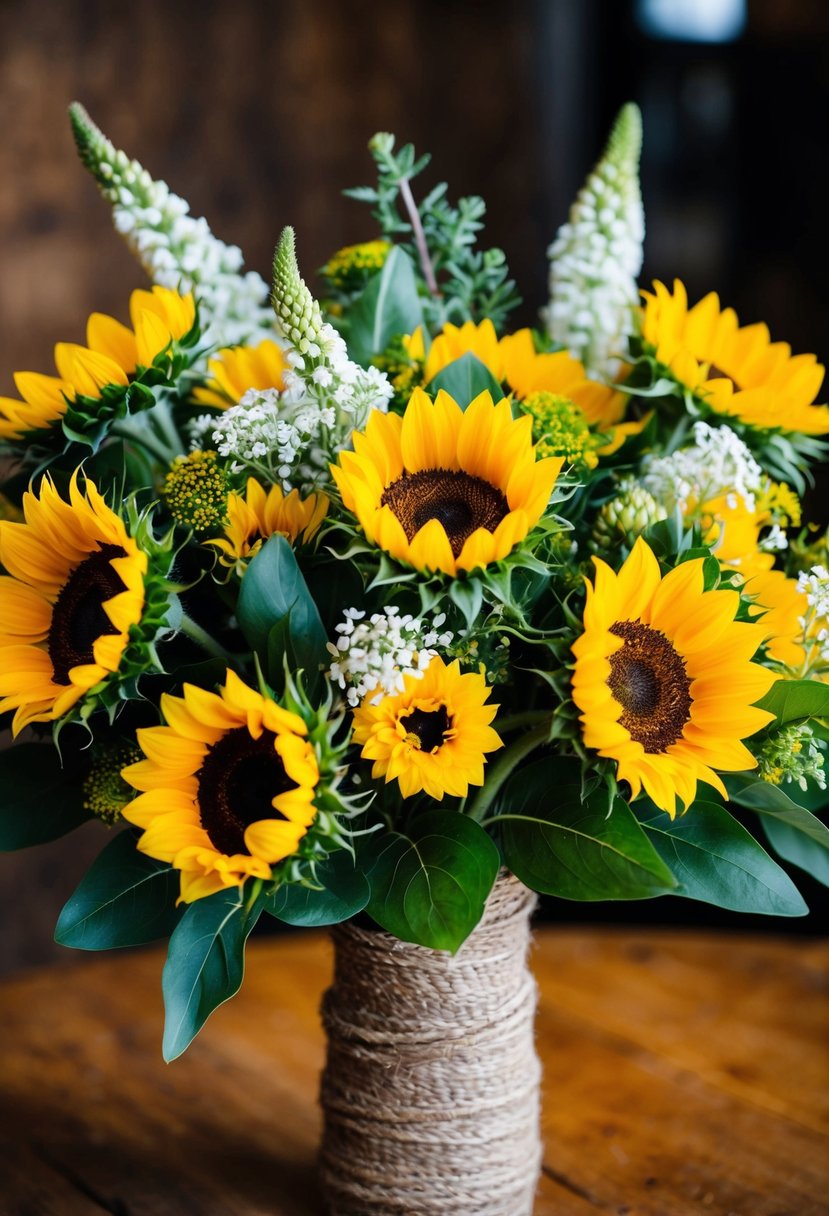 A lush bouquet of golden yellow sunflowers, accented with greenery and delicate white blooms, is held in a rustic, twine-wrapped vase