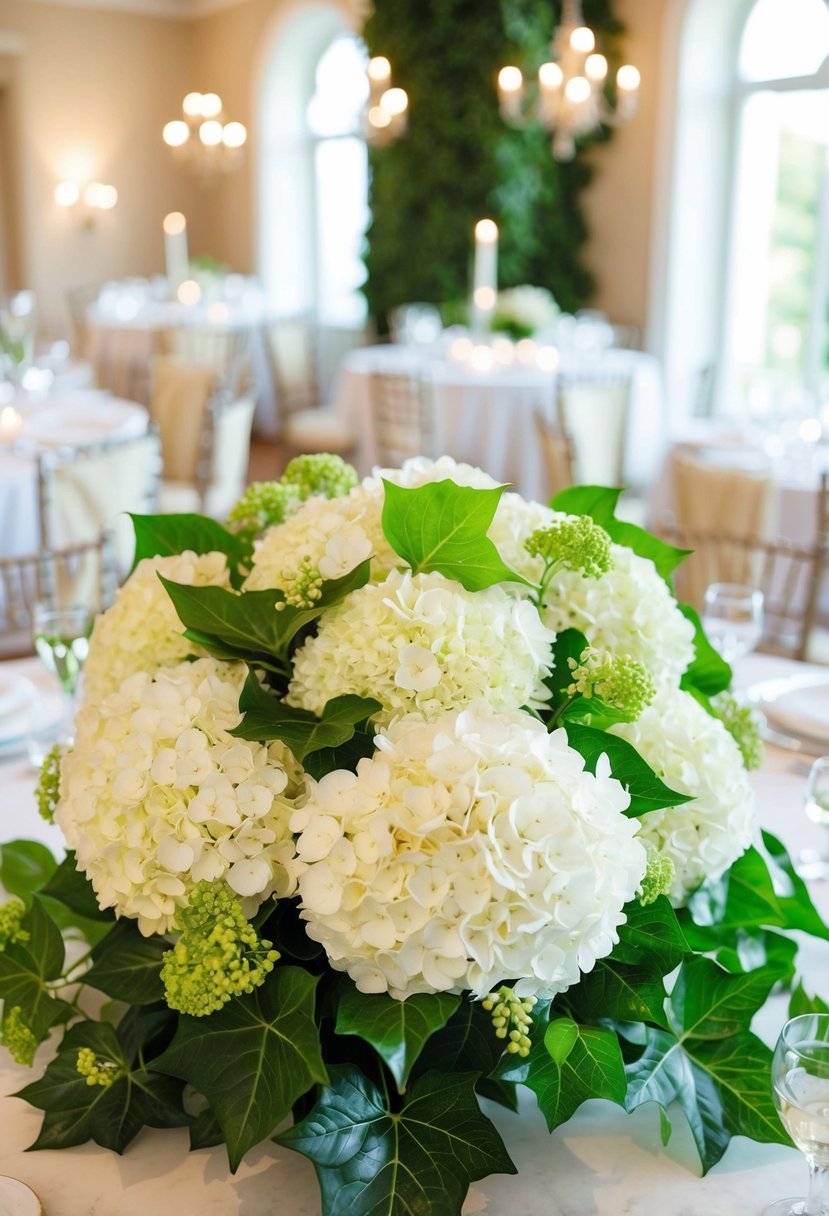 A lush bouquet of white hydrangeas and ivy, elegantly arranged in a timeless wedding setting