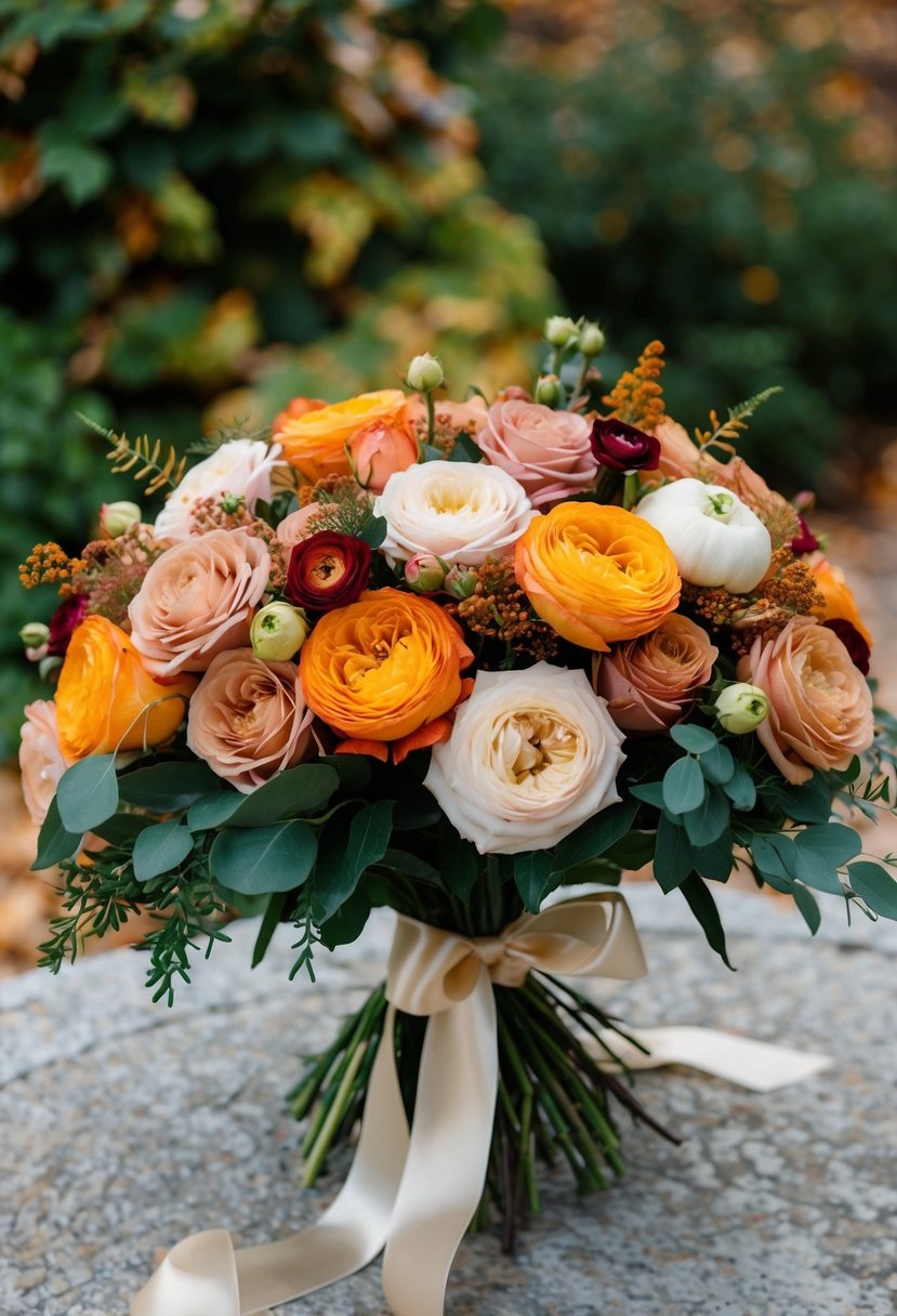 A lush bouquet of roses and ranunculus in warm fall colors, accented with greenery and tied with a satin ribbon