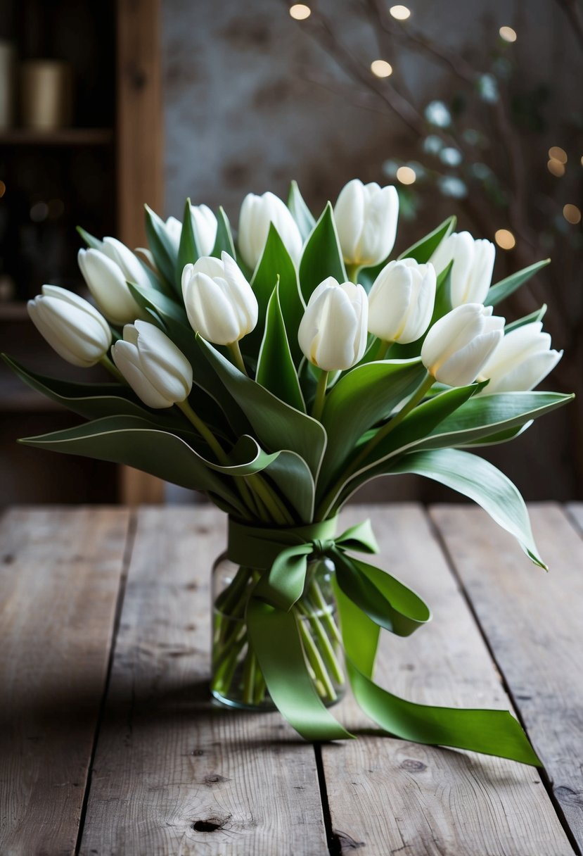 A lush bouquet of white tulips and magnolia leaves, tied with a green ribbon, sits on a rustic wooden table