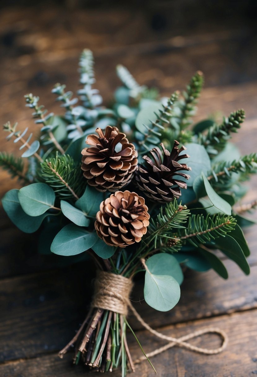 A rustic bouquet of pinecones and eucalyptus, tied with twine