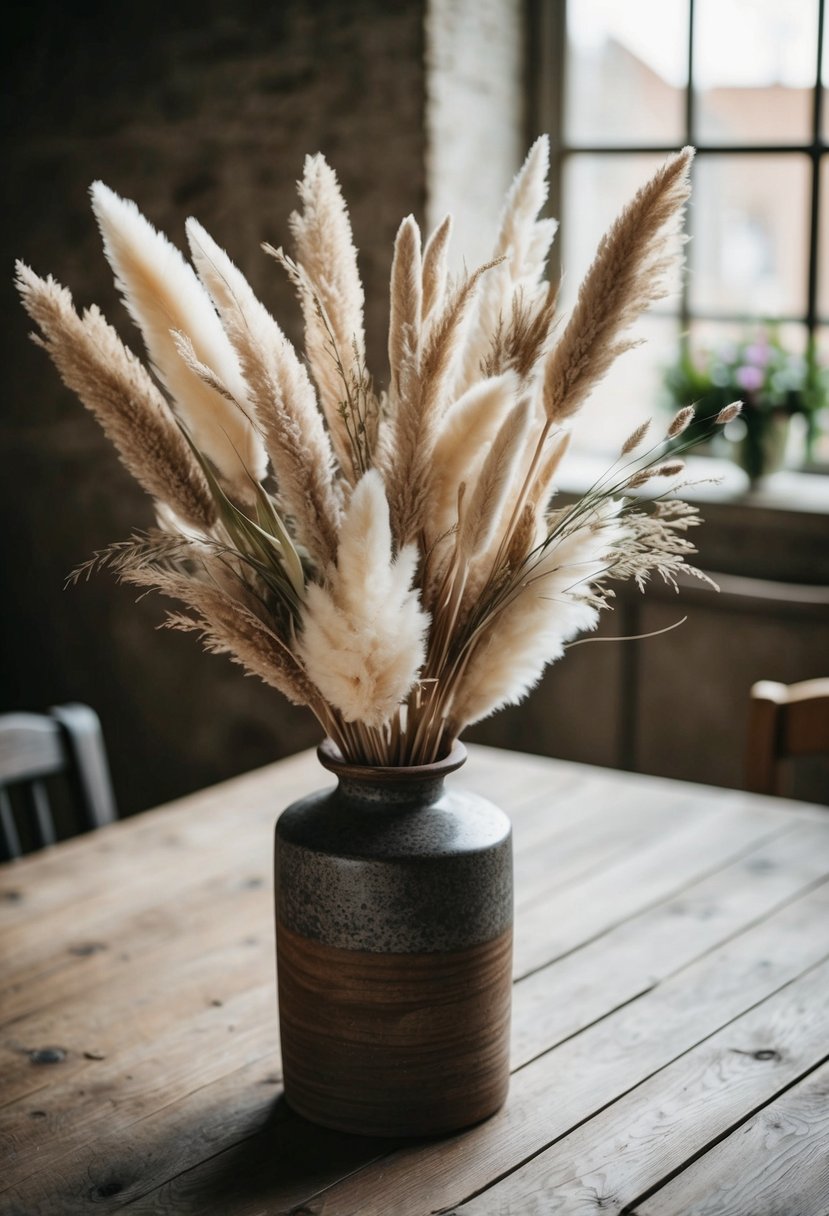 A bouquet of pampas grass and bunny tails in a rustic vase on a wooden table