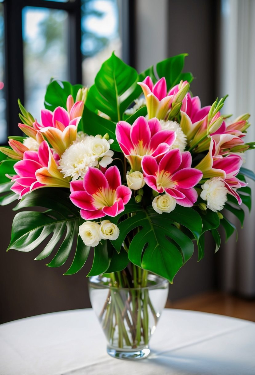 A lush bouquet of vibrant Alstroemeria and Monstera leaves, accented with white blooms, elegantly arranged in a clear glass vase