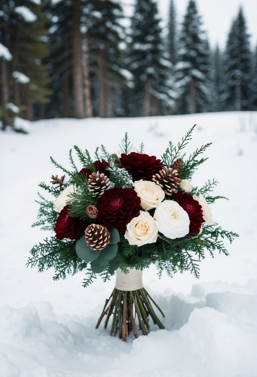 A snow-covered forest clearing with a bouquet of deep crimson and creamy white flowers, accented with evergreen foliage and pine cones