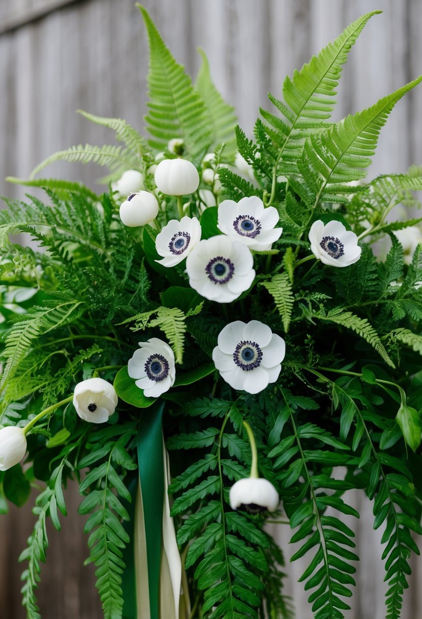 Lush green ferns intertwine with delicate anemones in a cascading wedding bouquet