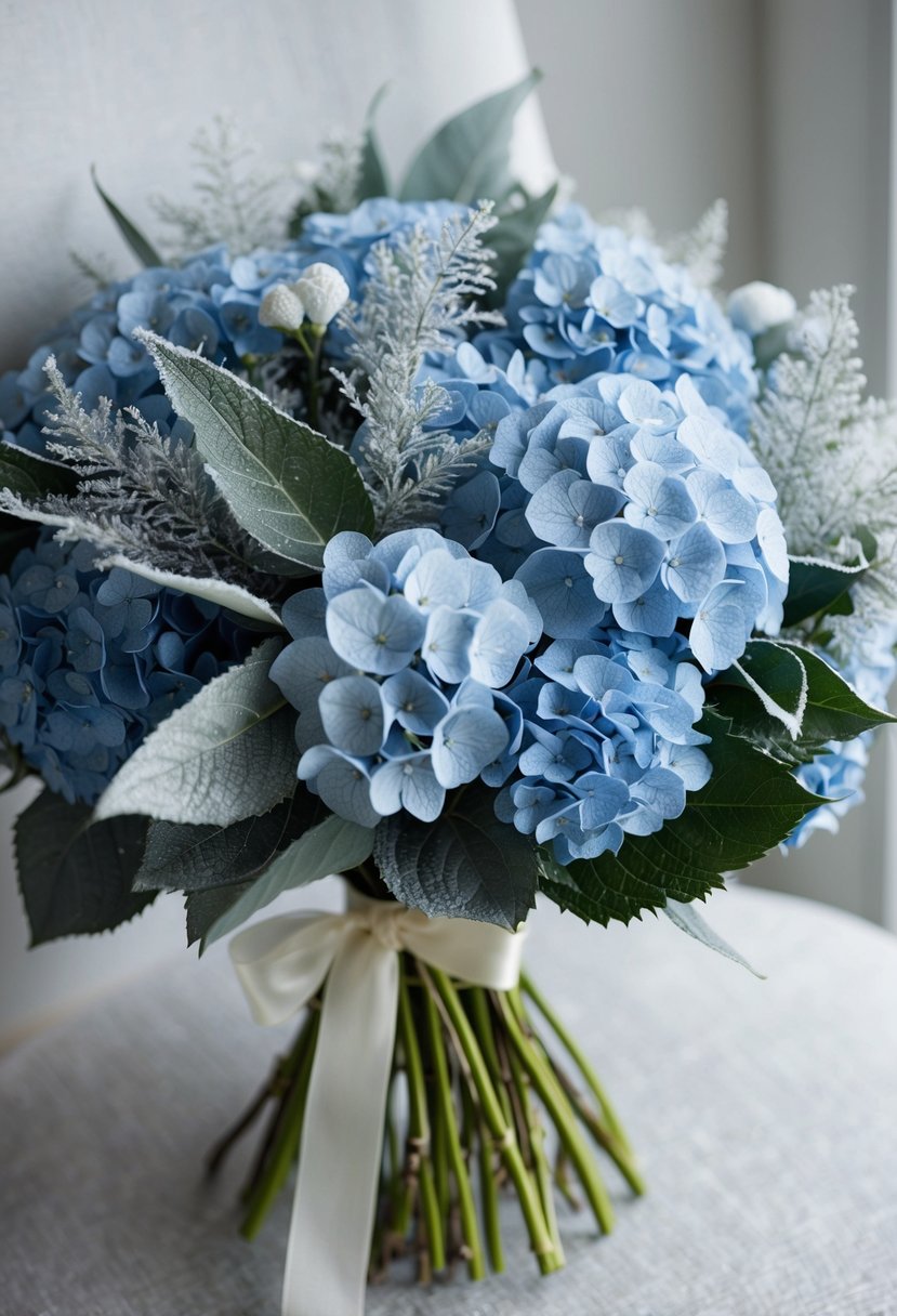 A stunning bouquet of frosted blue hydrangeas and elegant winter foliage, tied with a delicate ribbon