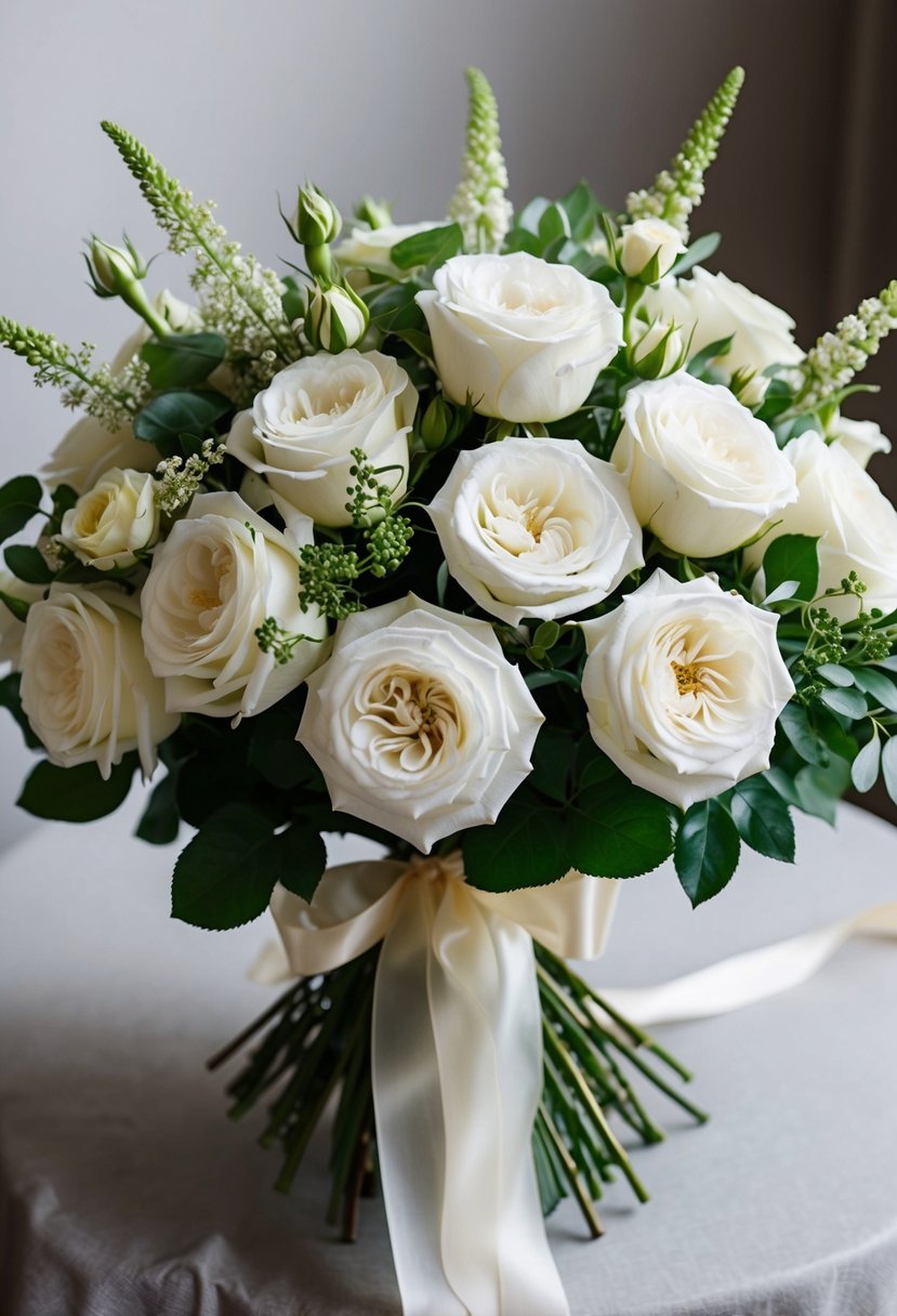 A lush bouquet of white O'Hara garden roses, accented with delicate greenery and tied with a flowing ivory ribbon