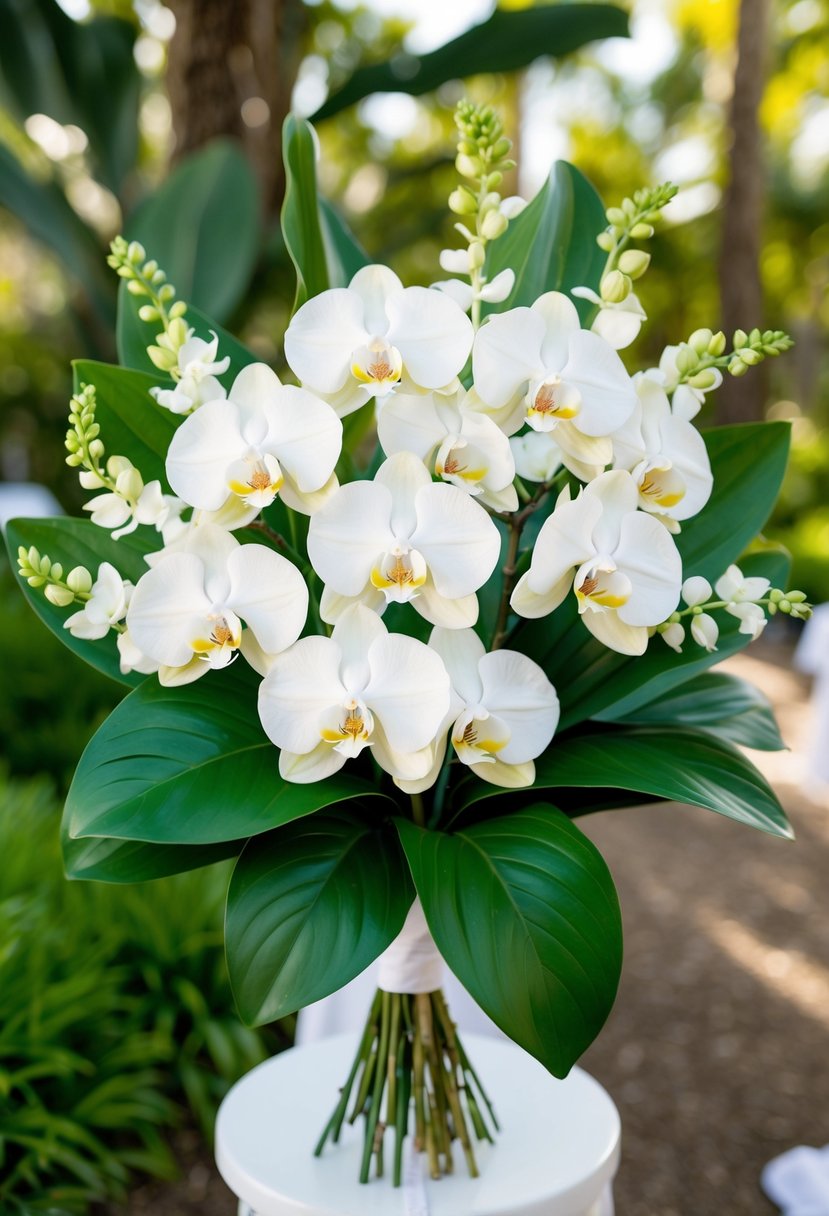 A bouquet of white orchids and green bay leaves arranged in a lush and elegant wedding arrangement