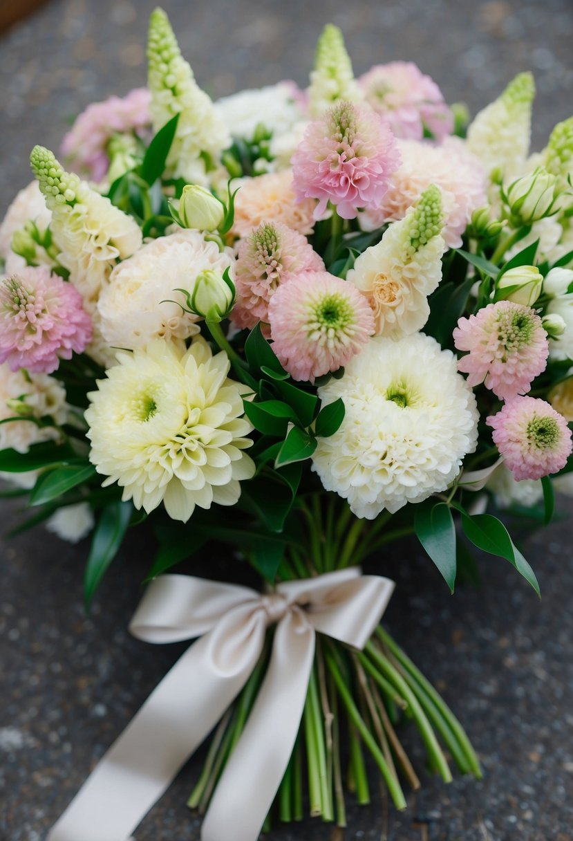 A lush bouquet of lisianthus and celosia in soft, pastel colors, tied with a satin ribbon