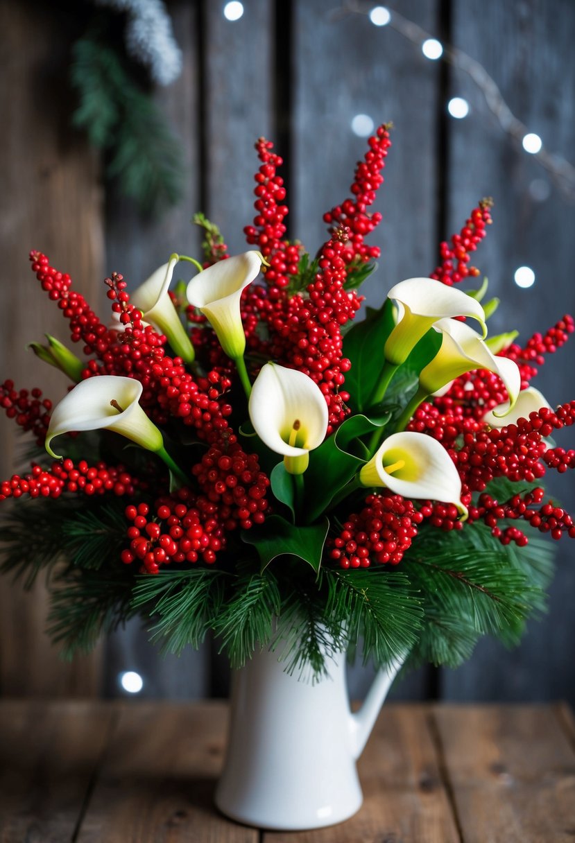 A bouquet of vibrant red hypericum berries and elegant white calla lilies arranged in a rustic, winter-themed setting