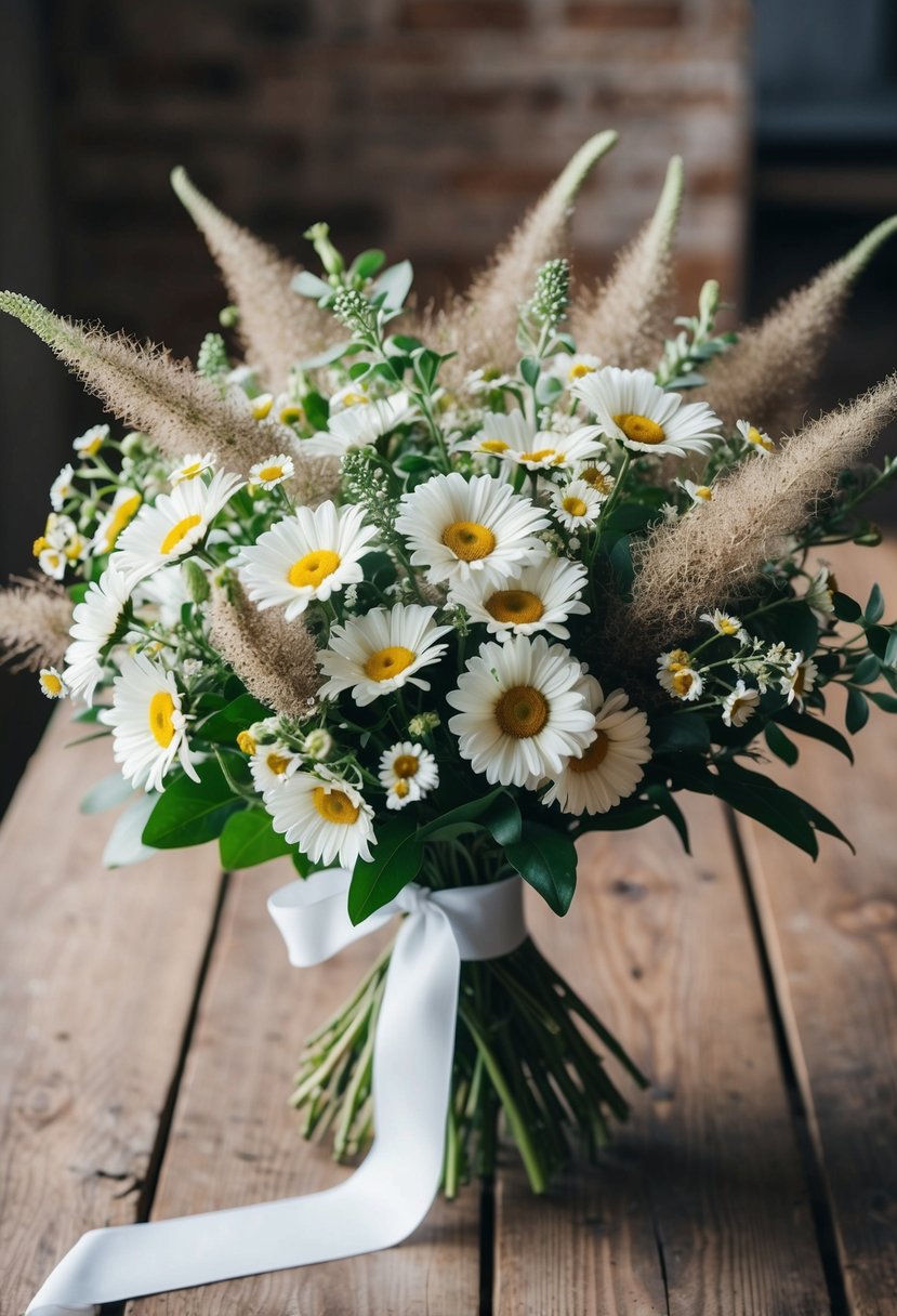 A lush bouquet of whimsical daisies and dusty miller, tied with a white ribbon, sits on a rustic wooden table