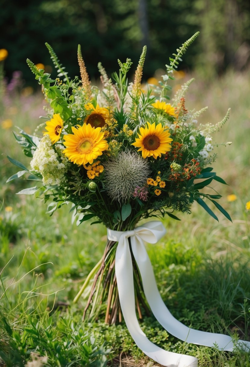 A lush, untamed bouquet of sun-drenched wildflowers and earthy greenery, tied with flowing silk ribbon