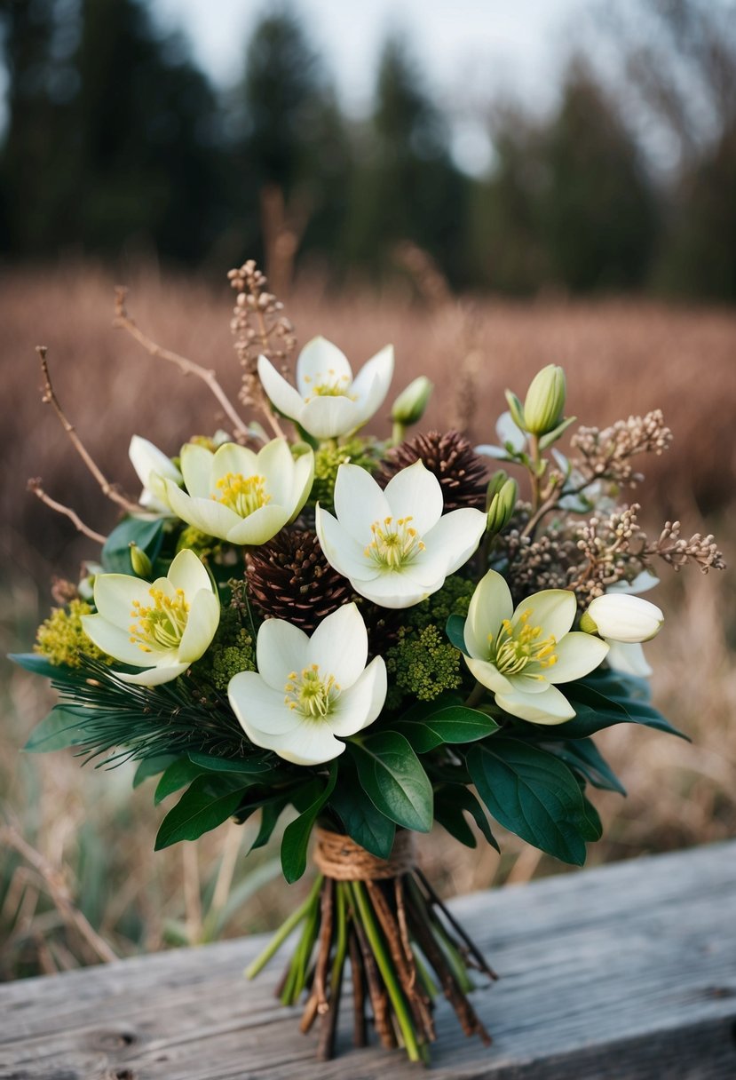 A rustic bouquet of hellebores and wildflowers, with a wintery feel