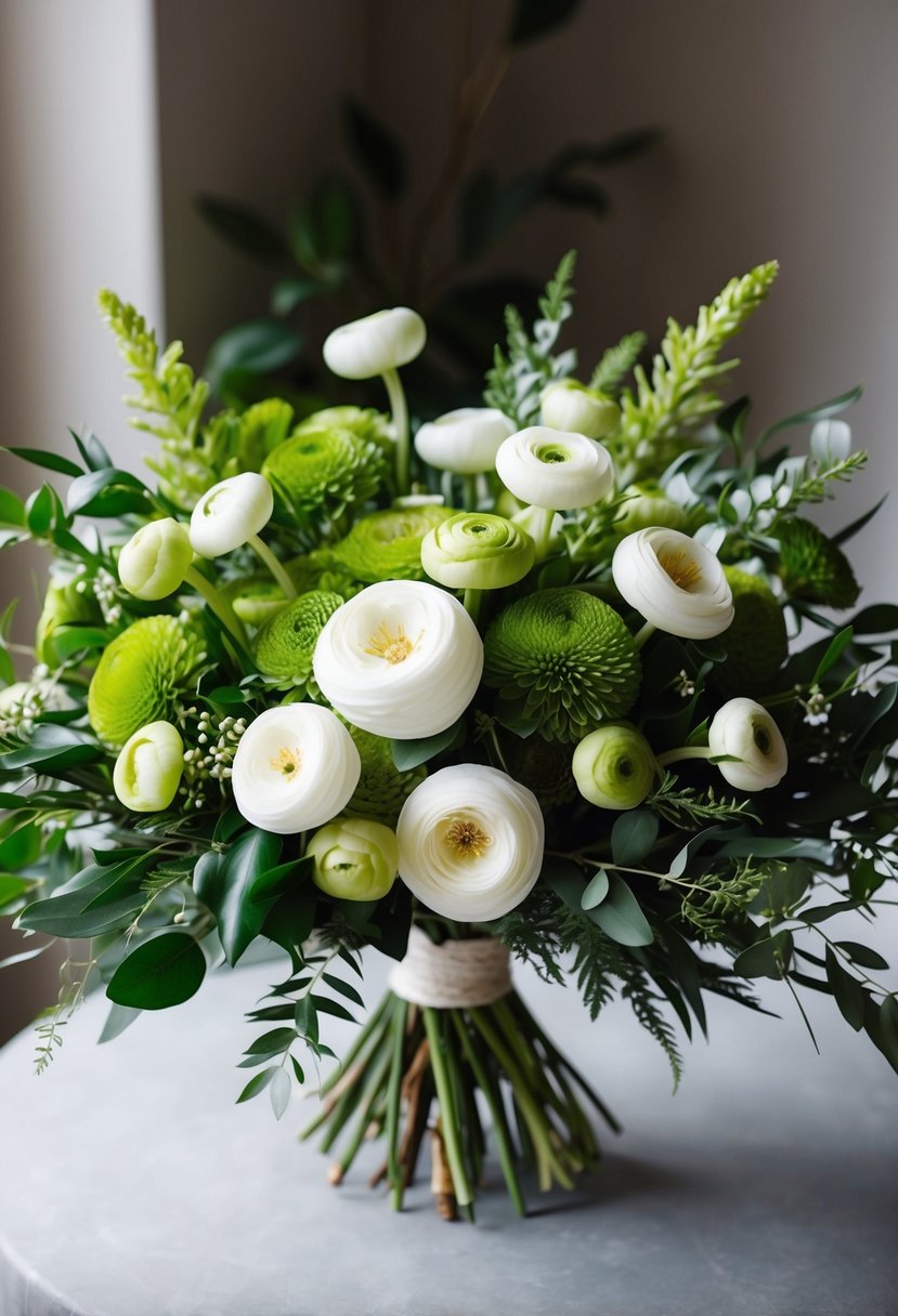 A lush bouquet of olive green and white ranunculus, accented with delicate foliage, arranged in a sophisticated and elegant manner