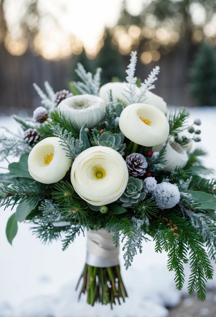 A winter wedding bouquet featuring delicate Ranunculus and silvery Brunia, accented with evergreen foliage and frosted berries