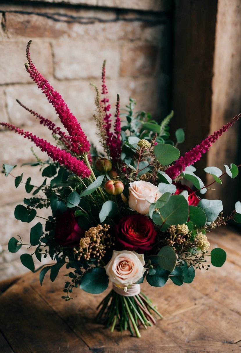 A lush bouquet of amaranth sprays, eucalyptus, and roses in a rustic, fall-inspired setting