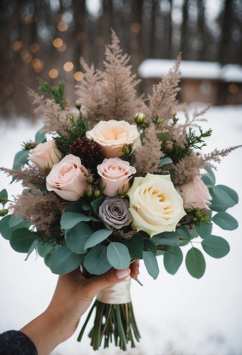 A bouquet of dusty miller and rose mixes in a winter wedding theme