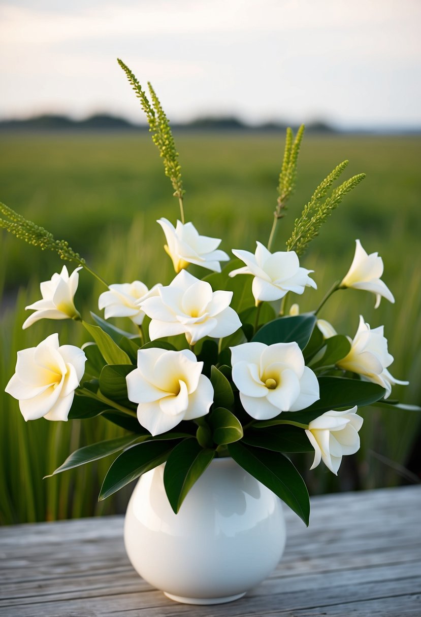 A lush bouquet of gardenias and green marsh grass arranged in a white vase