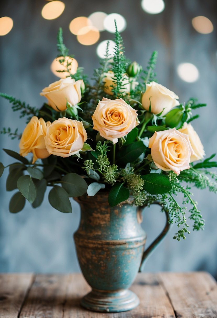 A bouquet of quicksand roses and greenery arranged in a rustic, vintage-inspired vase