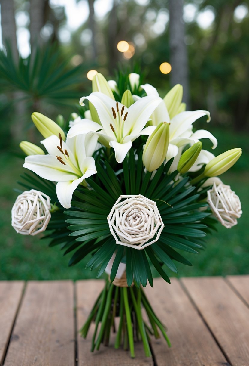 A bouquet of simple lilies and woven palmetto roses in green and white