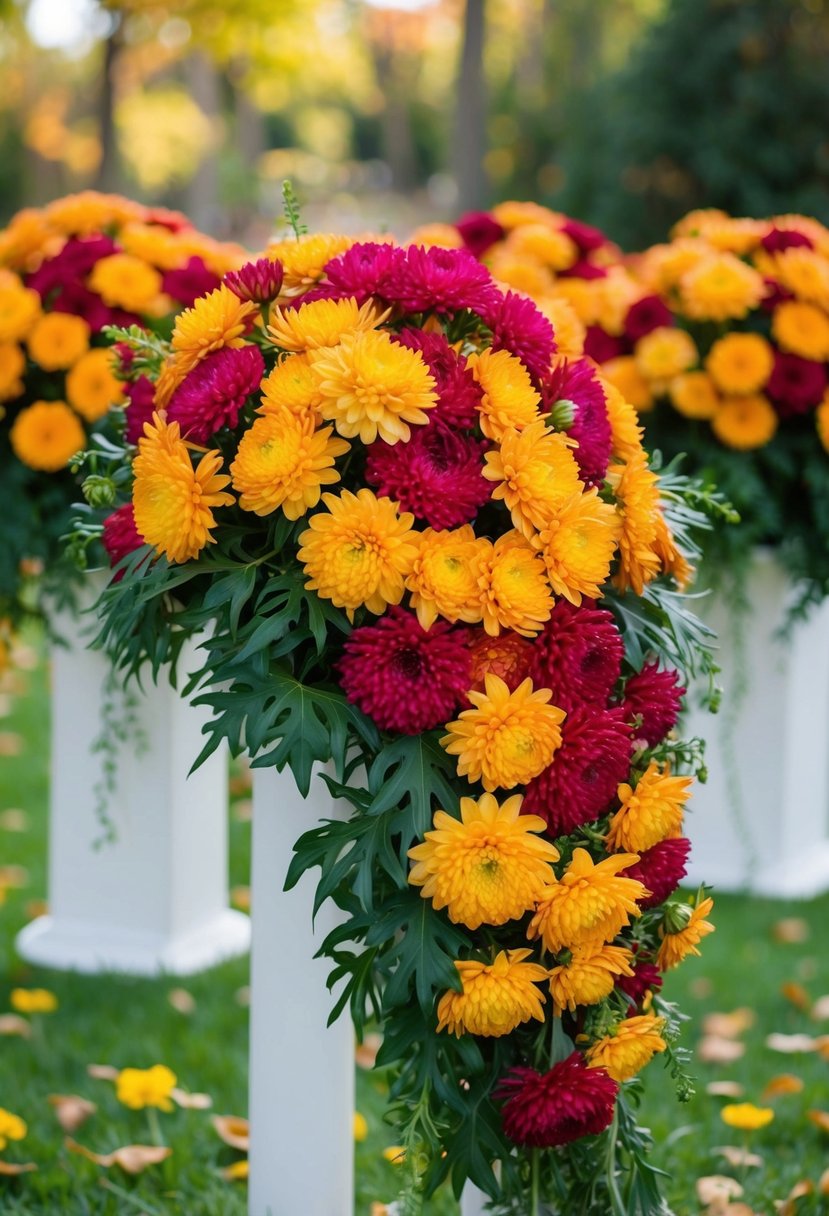 A vibrant bed of chrysanthemums arranged in a cascading fall wedding bouquet