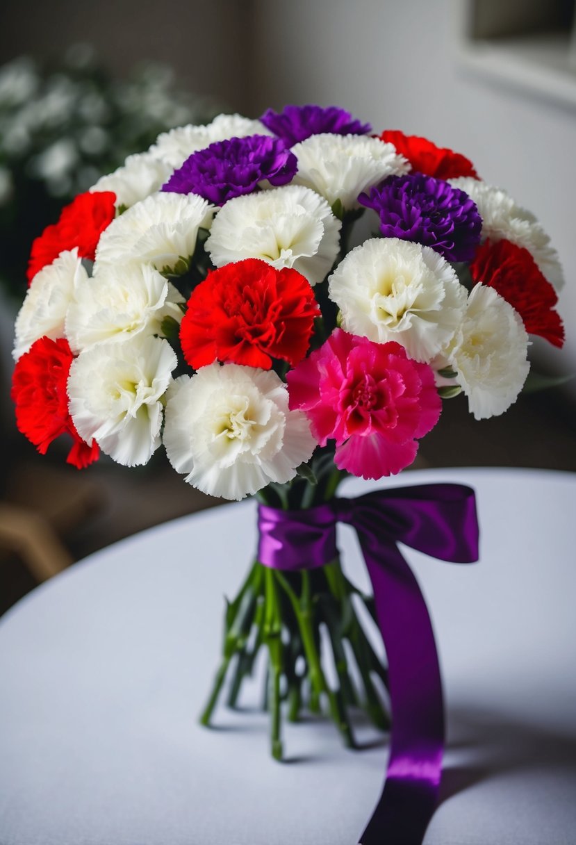 A bouquet of white carnations with pops of red, pink, and purple accents, tied together with a satin ribbon