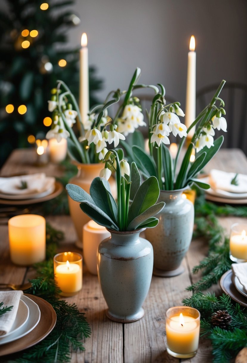 A rustic wooden table adorned with sage and paperwhites arrangements in vintage vases, surrounded by soft candlelight and winter greenery