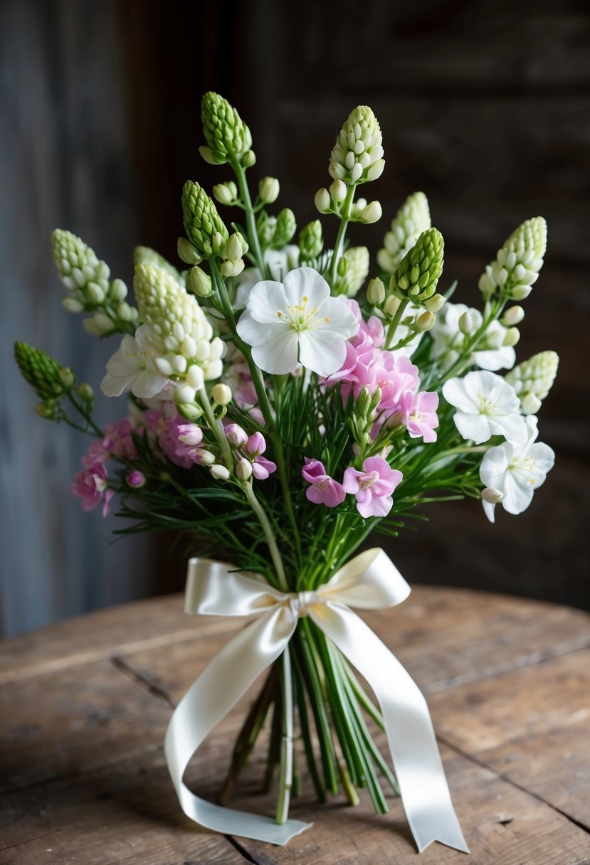 A delicate bouquet of Pieris Buds and Phlox in shades of white and pink, tied with a satin ribbon, sits on a rustic wooden table