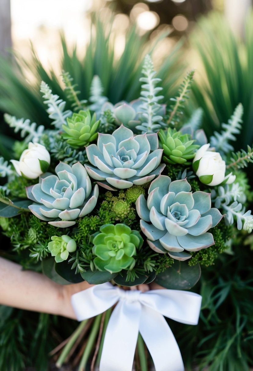 A lush bouquet of modern succulents with white blooms, accented with greenery, tied with a white ribbon