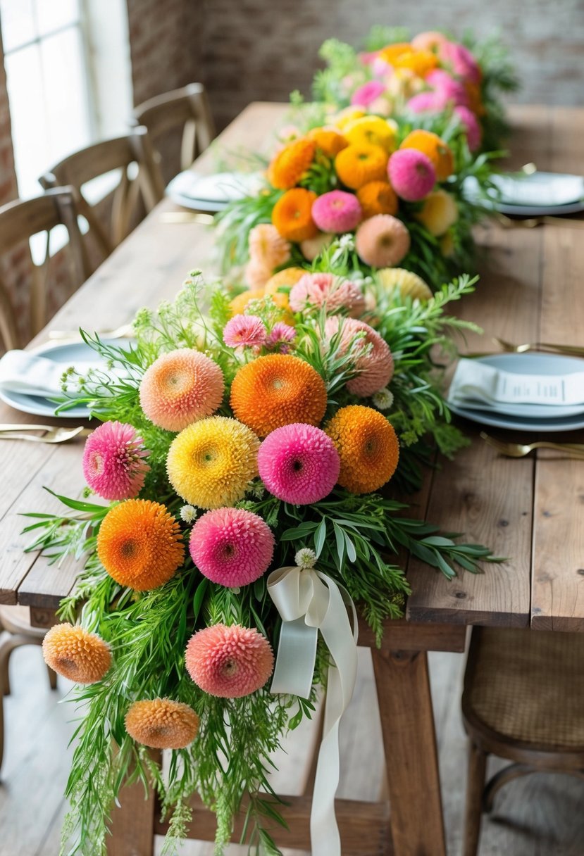 A rustic wooden table adorned with a cascading bouquet of vibrant strawflower clusters in shades of pink, orange, and yellow, accented with lush greenery and tied with a delicate ribbon