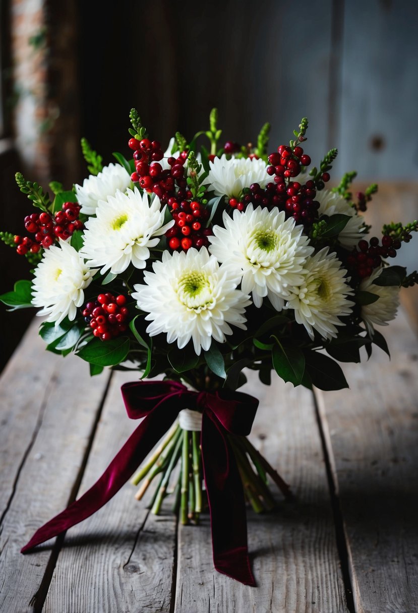 A lush bouquet of white chrysanthemums and deep red berries, tied with a velvet ribbon, sits on a rustic wooden table