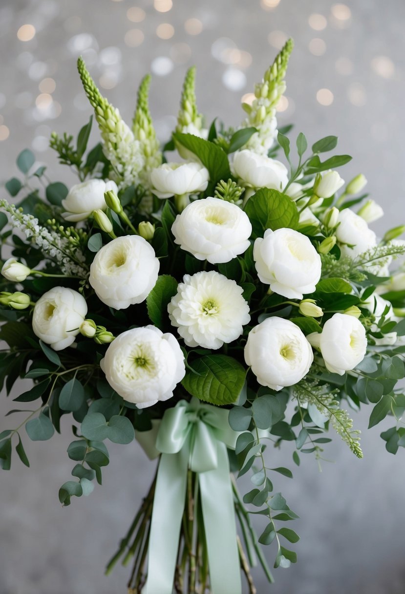 A lush bouquet of white lisianthus and mint green foliage, arranged in a cascading style with delicate white ribbon accents