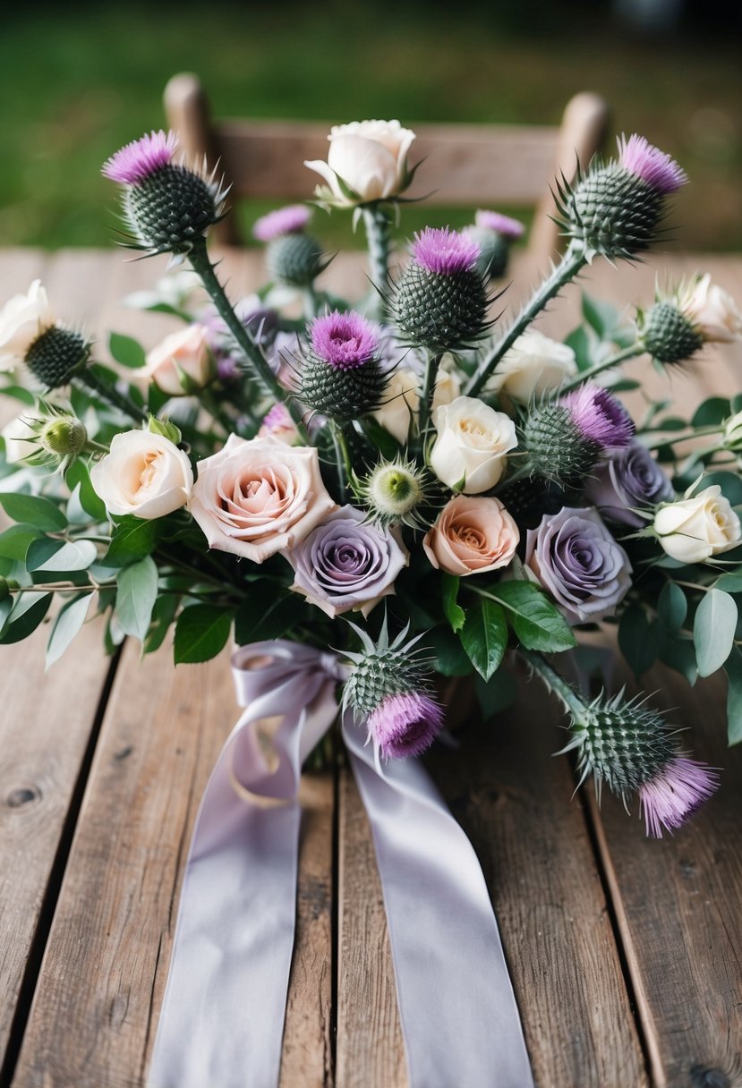 A rustic wooden table adorned with a lush arrangement of thistle and spray roses in shades of lavender, ivory, and blush, tied with a delicate silk ribbon