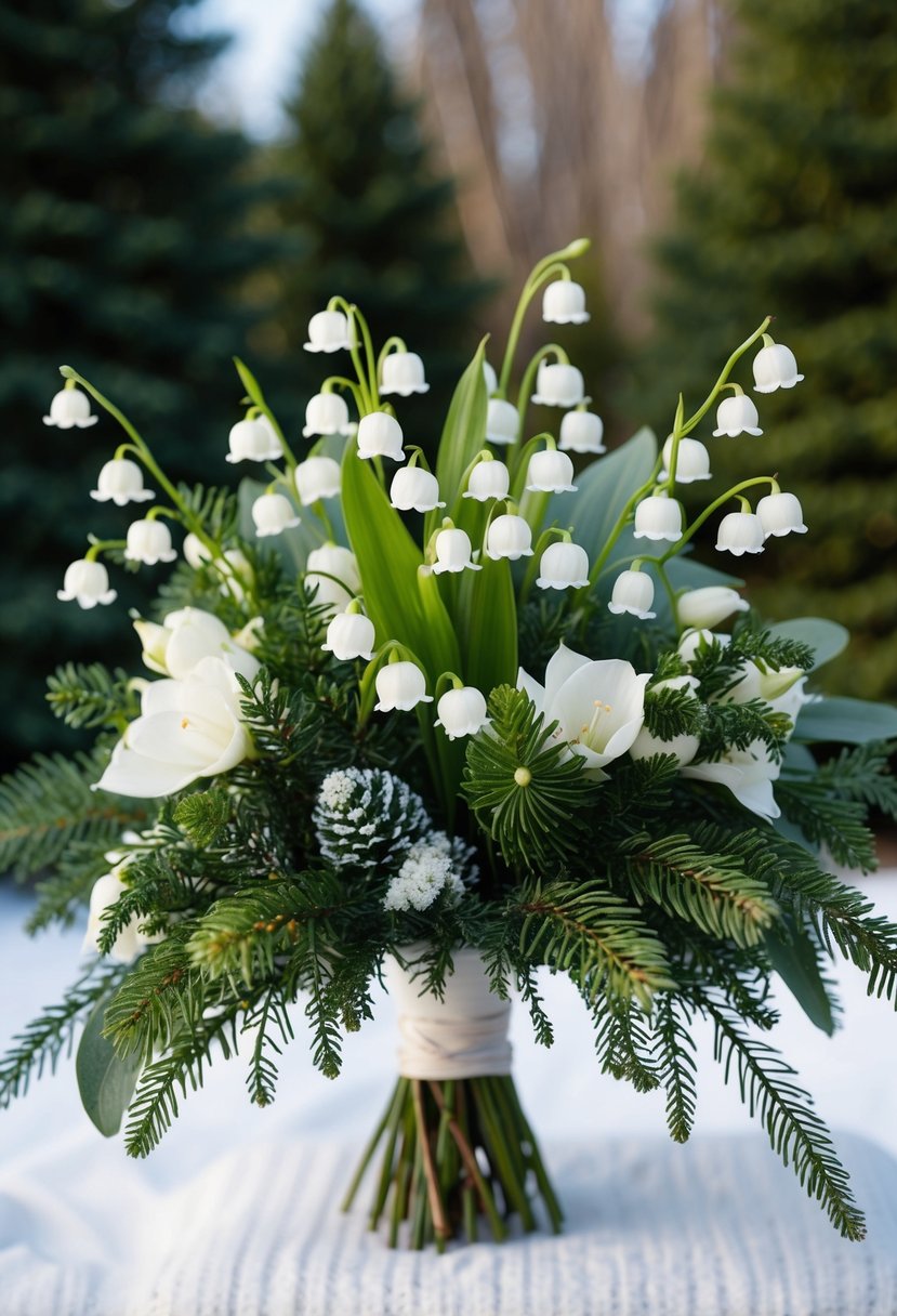 A winter wedding bouquet featuring delicate lily of the valley as the centerpiece, surrounded by evergreen foliage and accented with white blooms