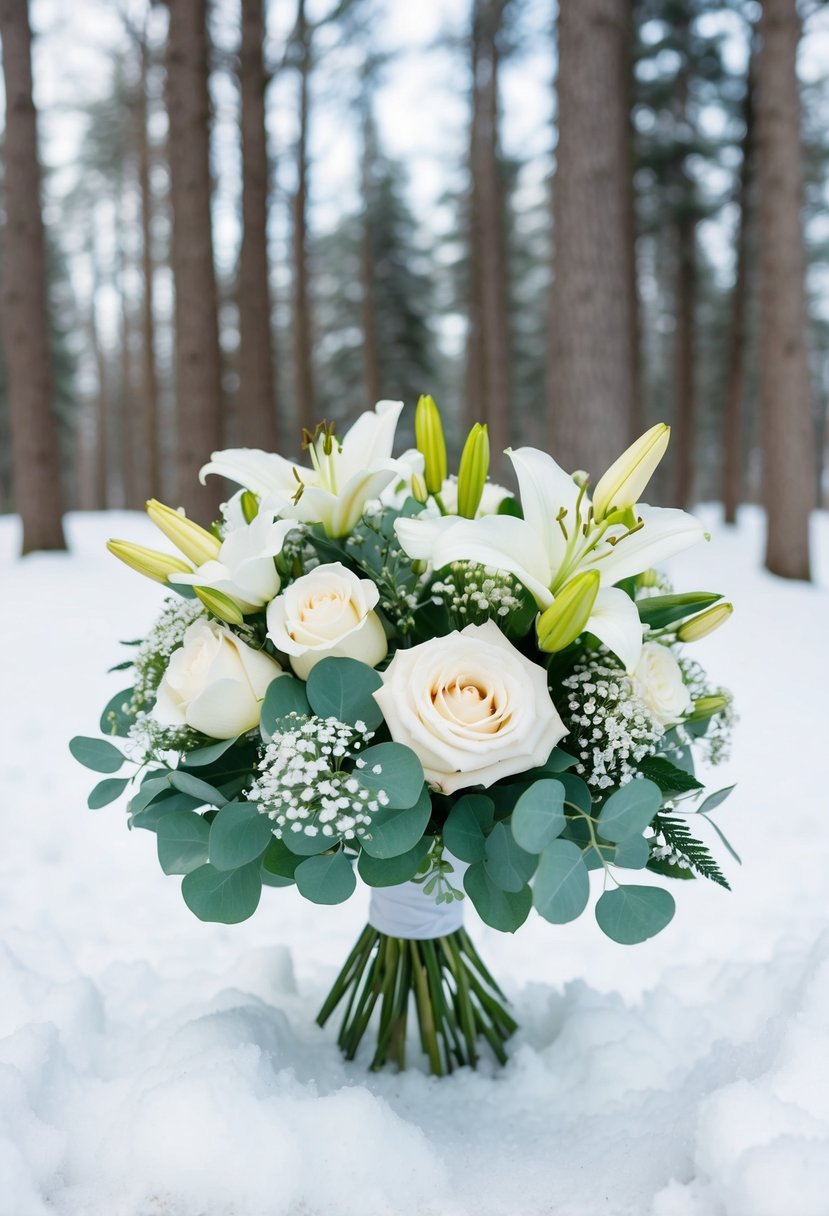 A bouquet of white winter florals, including roses, lilies, and baby's breath, arranged in a snow-covered forest clearing