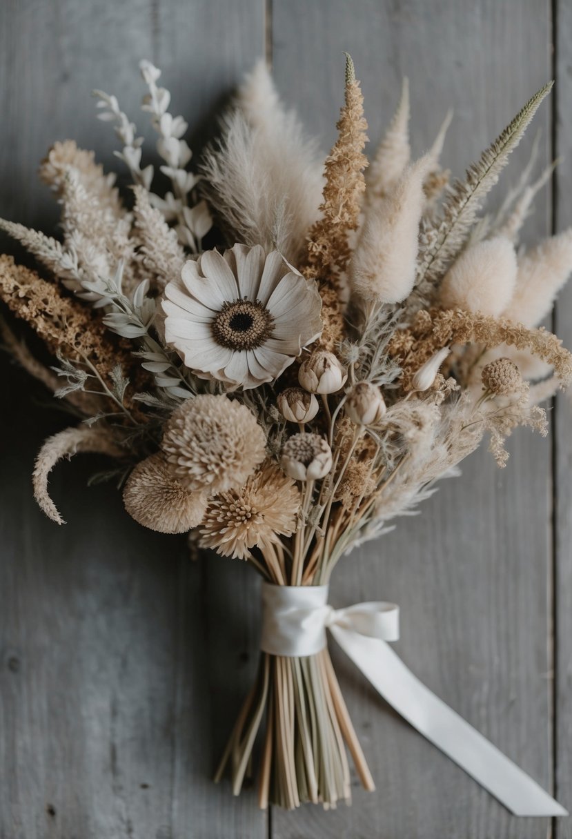 A rustic wedding bouquet of dried flowers, featuring muted tones and delicate textures, tied with a simple ribbon