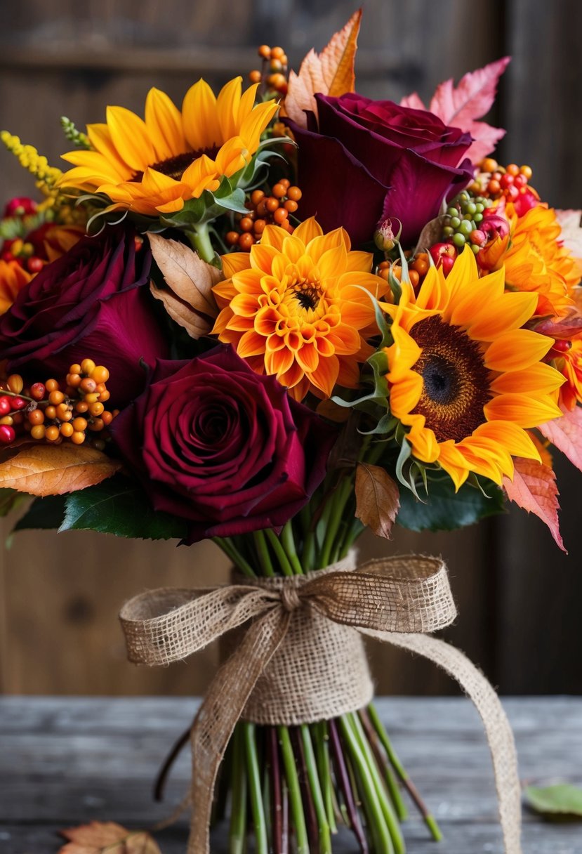 A rustic bouquet of deep red roses, orange dahlias, and golden sunflowers, tied with a burlap ribbon and accented with autumn leaves and berries