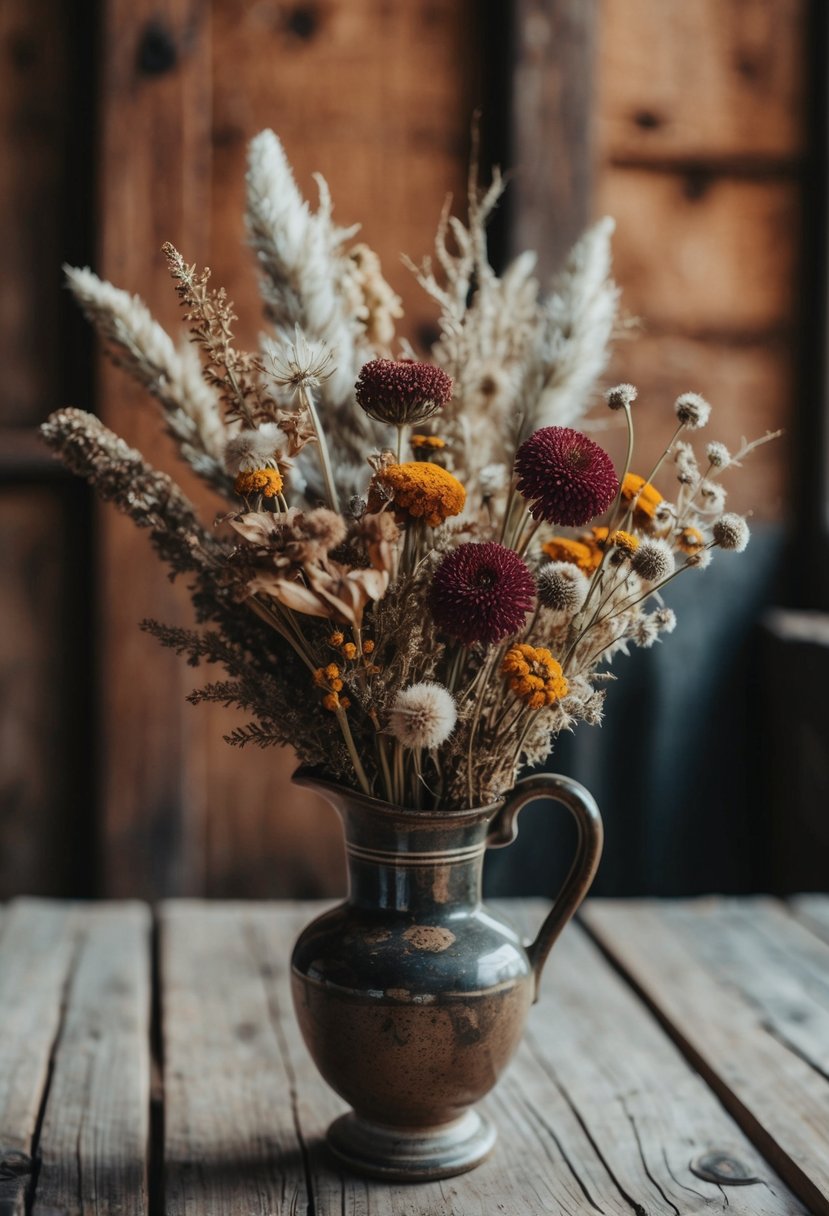 A rustic wildflower arrangement with dried flowers in a vintage vase