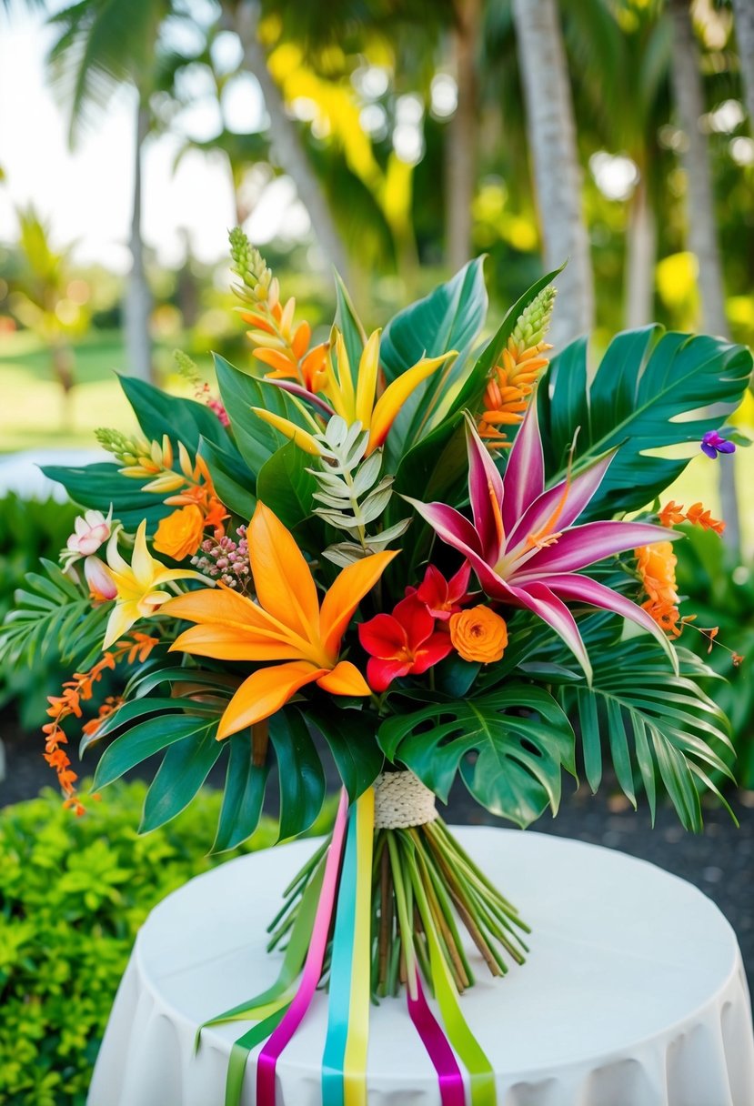 A vibrant bouquet of tropical flowers and lush greenery, accented with colorful ribbons and delicate embellishments