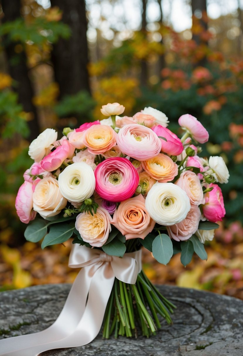 A lush bouquet of ranunculus and roses in shades of pink, peach, and cream, tied with a satin ribbon, set against a backdrop of autumn foliage