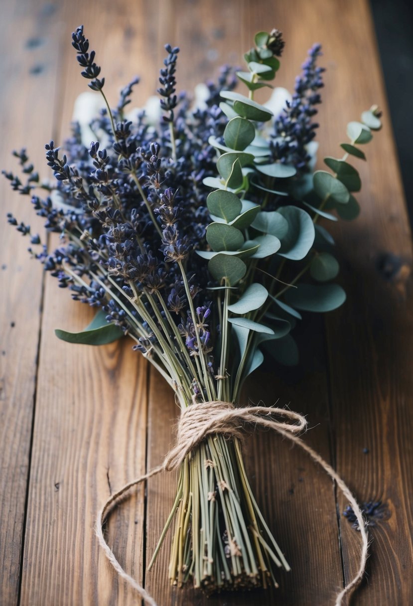 A rustic wooden table with a delicate bouquet of dried lavender and eucalyptus tied with a twine ribbon